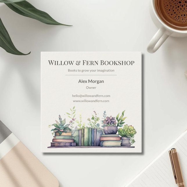 Watercolor Plant and Book Design Fyrkantigt Visitkort (Skapare uppladdad)