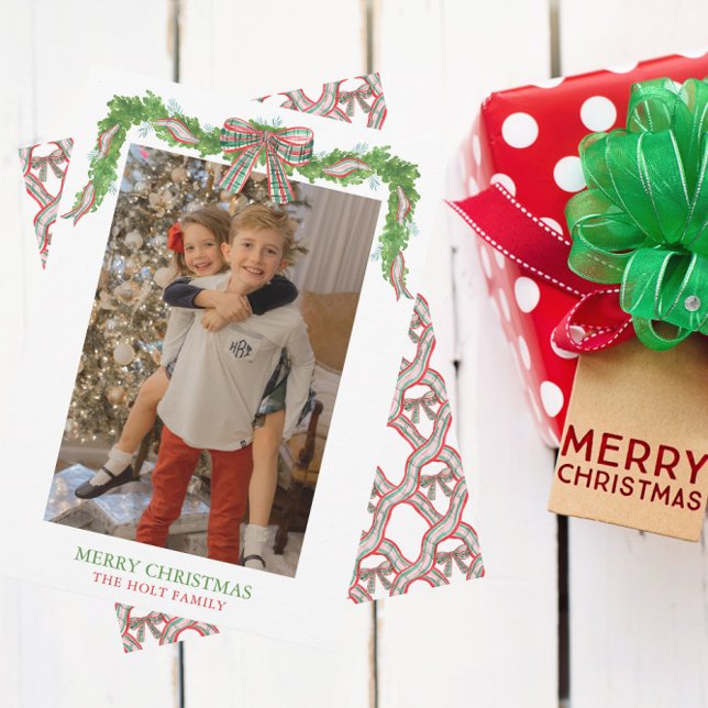 Watercolor Play Bow Garland jul Julkort (Skapare uppladdad)