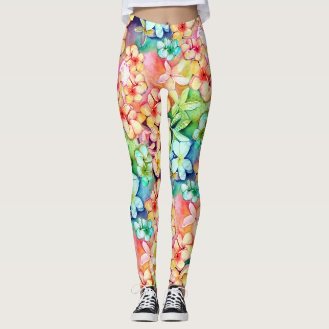 Watercolor Plumeria Hawaii Leggings (Framsida)