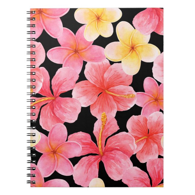 Watercolor Plumeria Hibiscus Flowers Mönster Anteckningsbok (Framsidan)