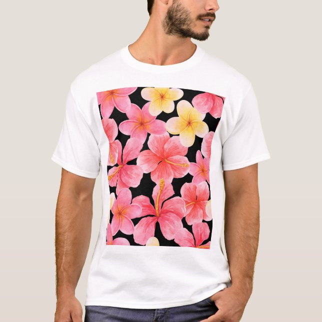 Watercolor Plumeria Hibiscus Flowers Mönster T Shirt (Framsida)