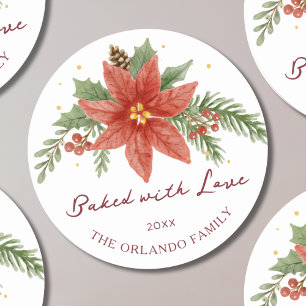 Watercolor Poinsettia Baked with Kärlek Baking Runt Klistermärke