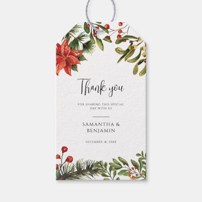 Watercolor Poinsettia Berries Greenery Bröllop Presentetikett (Framsidan)