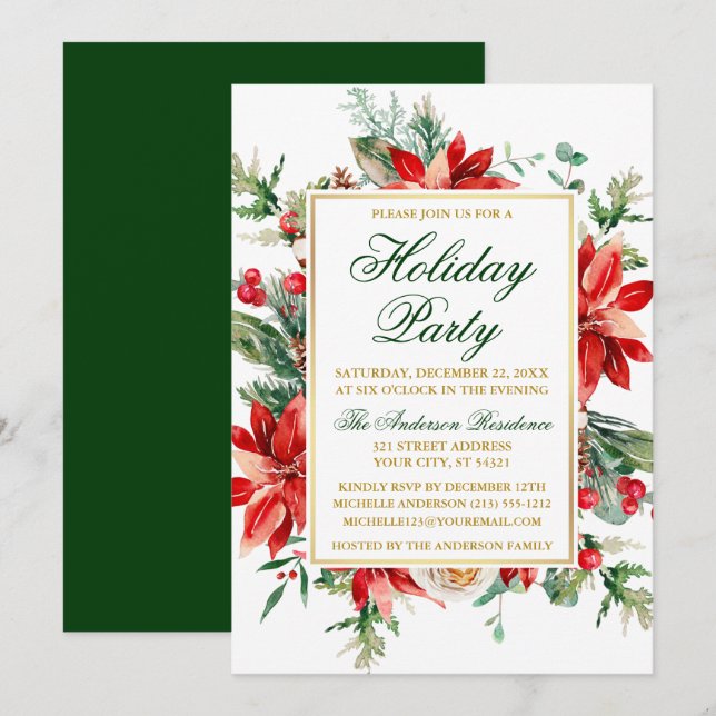 Watercolor Poinsettia Blommigt Guld Julfest Inbjudningar (Fram/baksida)