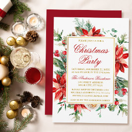 Watercolor Poinsettia Blommigt jul Party Guld Inbjudningar