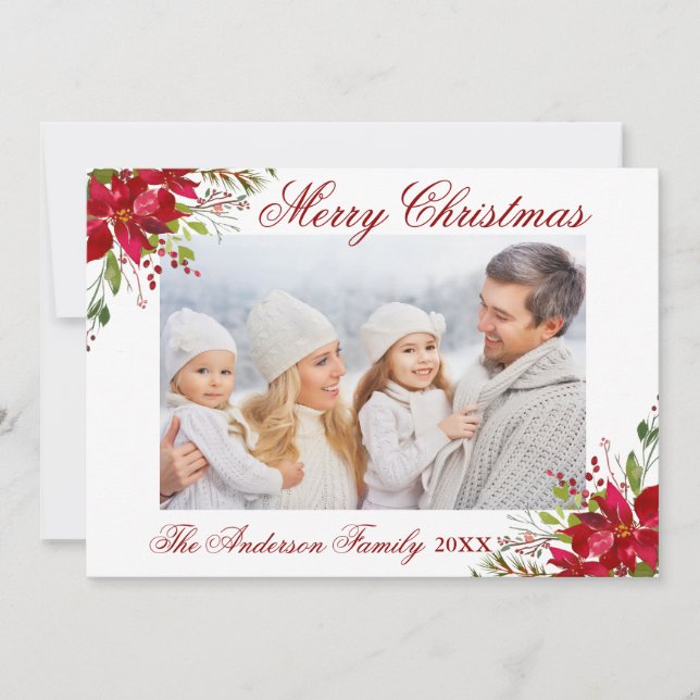Watercolor Poinsettia Blommigt jul Photo Julkort (Framsida)