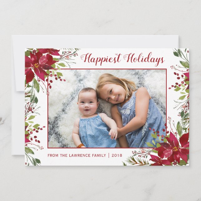 Watercolor Poinsettia Blommigt jul Photo Julkort (Framsida)