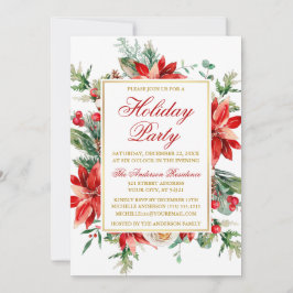 Watercolor Poinsettia Blommigt Julfest Guld Inbjudningar