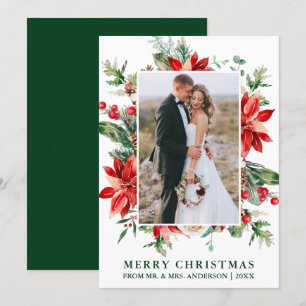 Watercolor Poinsettia Blommigt Newlyed Grönt Julkort