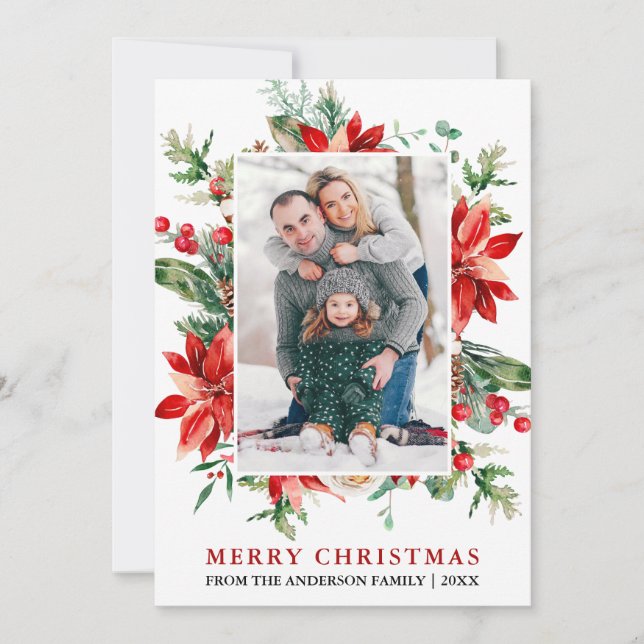 Watercolor Poinsettia Blommigt Photo jul Julkort (Framsida)