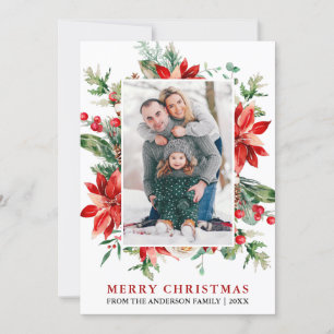 Watercolor Poinsettia Blommigt Photo jul Julkort