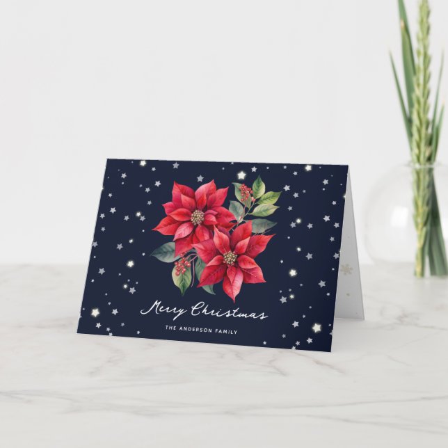Watercolor Poinsettia Blue Photo God jul Helgkort (Framsida)