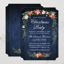 Watercolor Poinsettia Blue Wood jul Party Inbjudningar