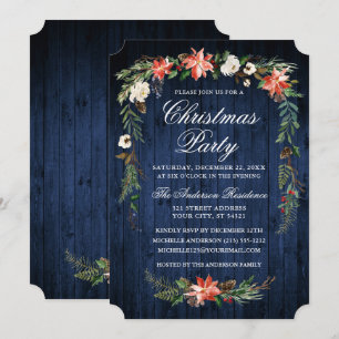 Watercolor Poinsettia Blue Wood jul Party Inbjudningar