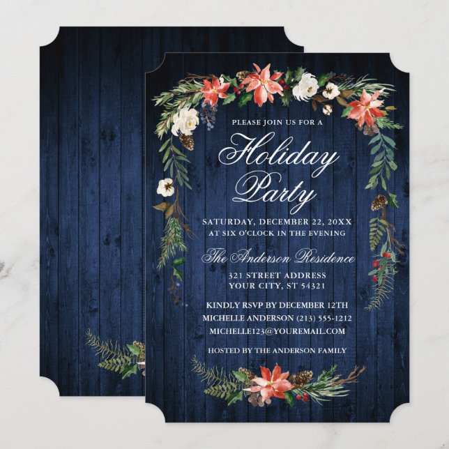 Watercolor Poinsettia Blue Wood Julfest Inbjudningar (Fram/baksida)