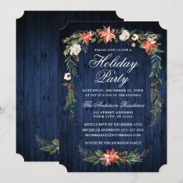 Watercolor Poinsettia Blue Wood Julfest Inbjudningar