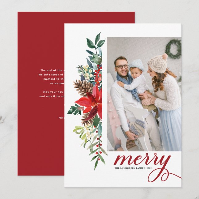Watercolor Poinsettia Botanical God jul Julkort (Fram/baksida)