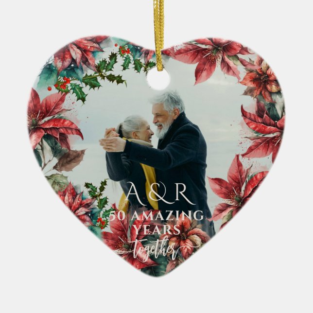 Watercolor Poinsettia Bröllop-årsdag 2 foto Julgransprydnad Keramik (Framsidan)