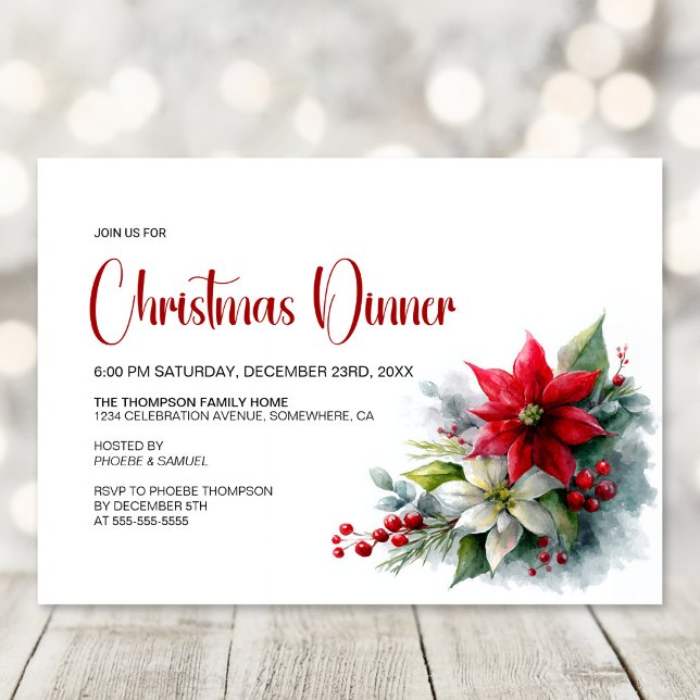 Watercolor Poinsettia Christmas Dinner Party Inbjudningar (Skapare uppladdad)