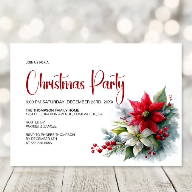 Watercolor Poinsettia Christmas Party Inbjudningar (Skapare uppladdad)