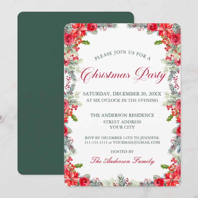 Watercolor Poinsettia Floral Christmas Party Inbjudningar (Fram/baksida)