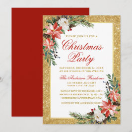 Watercolor Poinsettia Glitter jul Party Red Inbjudningar