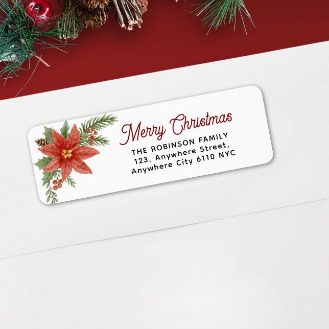 Watercolor Poinsettia God jul Helgdag Returadress Etikett (Skapare uppladdad)