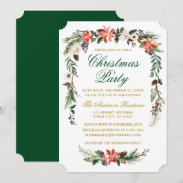 Watercolor Poinsettia Guld Grönt jul Party Inbjudningar