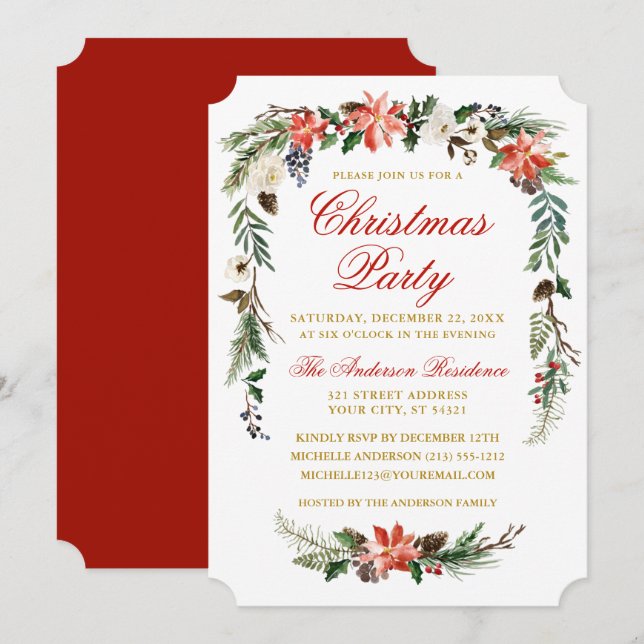 Watercolor Poinsettia Guld Red jul Party Inbjudningar (Fram/baksida)