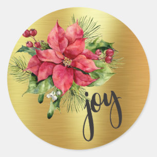 Watercolor Poinsettia - Joy - Gold Foil Background Runt Klistermärke