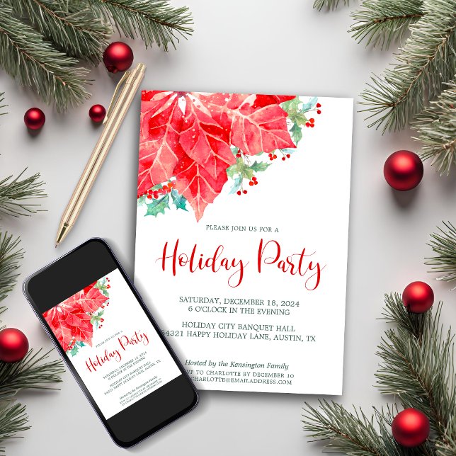 Watercolor Poinsettia jul-Julfest Julkort (Watercolor Poinsettia Christmas Holiday Party Invitation with Digital Download)