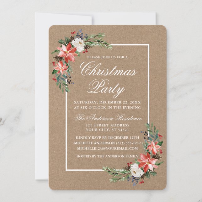Watercolor Poinsettia jul Party Kraft Inbjudningar (Framsida)