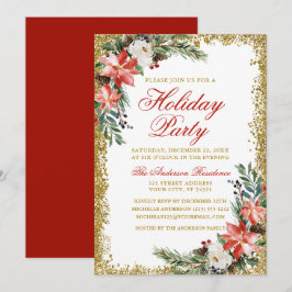 Watercolor Poinsettia Julfest Glitter Red Inbjudningar