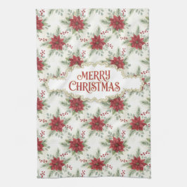 Watercolor Poinsettia Merry Christmas Kökshandduk