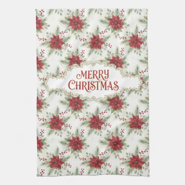 Watercolor Poinsettia Merry Christmas Kökshandduk (Vertikal)