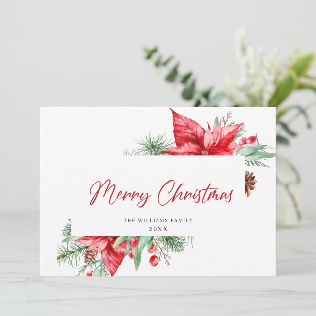 Watercolor Poinsettia Mistletoe jul Hälsning Julkort (Stående Fram)