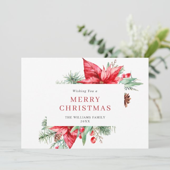 Watercolor Poinsettia Mistletoe jul Hälsning Julkort (Stående Fram)