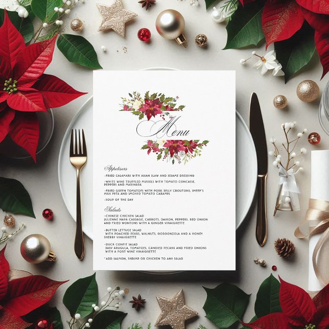 Watercolor Poinsettia och Holly jul Bröllop Meny (Watercolor Poinsettia and Holly Christmas Wedding Menu)
