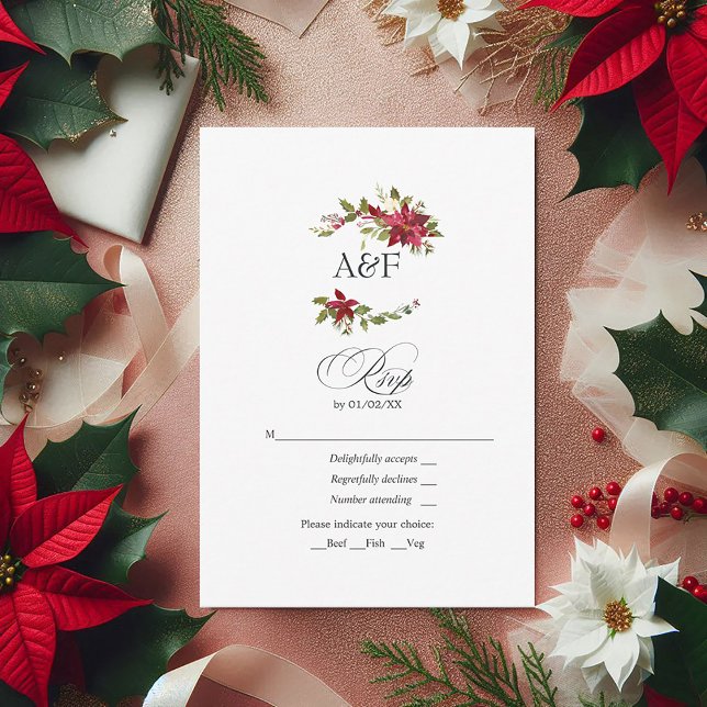 Watercolor Poinsettia och Holly jul Bröllop OSA Kort (Watercolor Poinsettia and Holly Christmas Wedding RSVP Card)