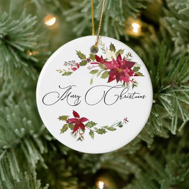 Watercolor Poinsettia och Holly-julfoto Julgransprydnad Keramik (Träd)