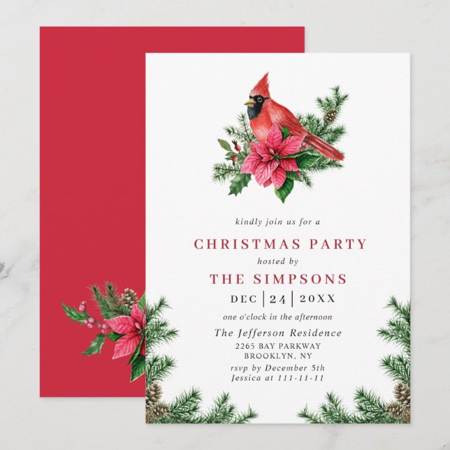 Watercolor Poinsettia Red Cardinal jul Party Inbjudningar (Fram/baksida)
