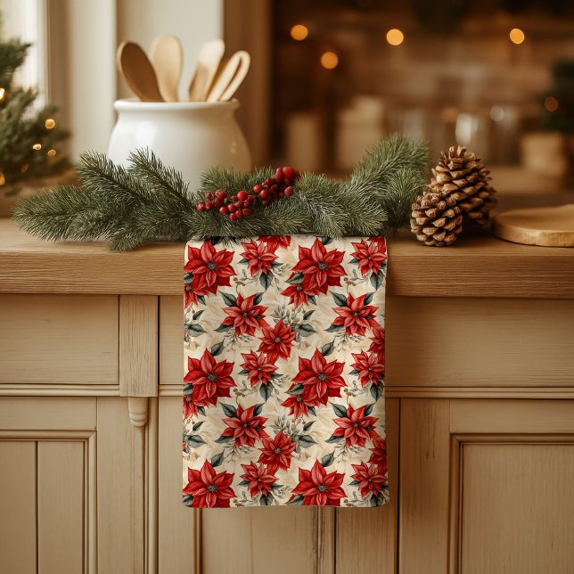 Watercolor Poinsettia Towel Rustic Christmas Style Kökshandduk (Watercolor Poinsettia Towel Rustic Christmas Style)