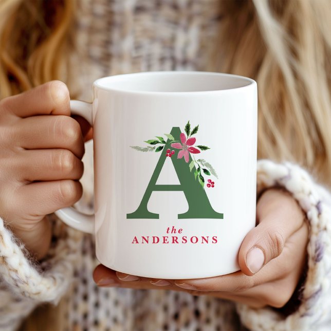 Watercolor Poinsettia & Winter Greenery Monogram Kaffemugg (Skapare uppladdad)