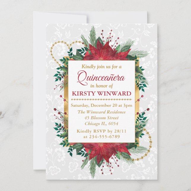 Watercolor Poinsettia Winter jul Quinceañera Inbjudningar (Framsida)