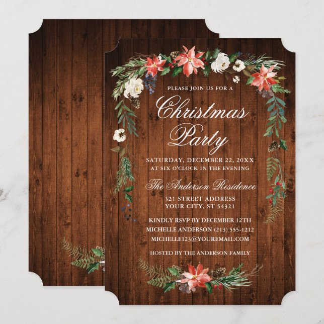 Watercolor Poinsettia Wood jul Party Inbjudningar (Fram/baksida)
