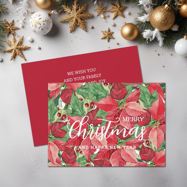 Watercolor Poinsettias God jul Julkort (Watercolor Poinsettias Merry Christmas Flat Holiday Greeting Cards)