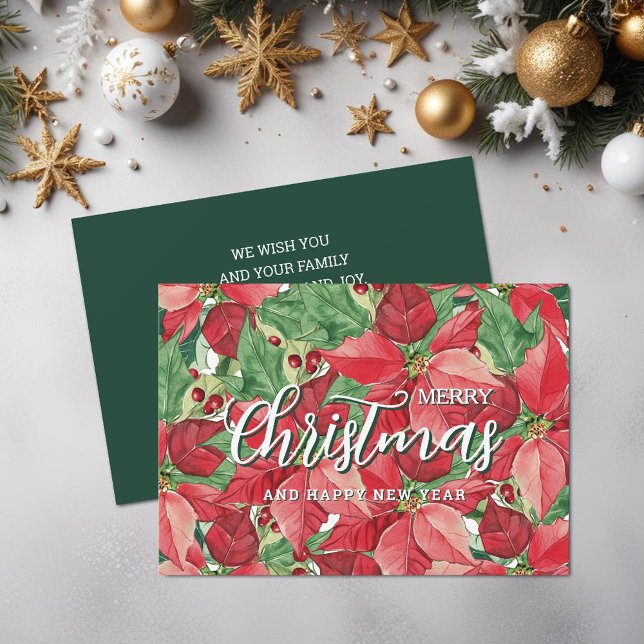 Watercolor Poinsettias Merry Christmas Julkort (Watercolor Poinsettias Merry Christmas Holiday Cards, PRINTED and/or INSTANT DOWNLOAD)