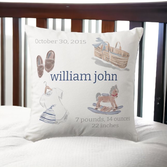 Watercolor Pojke Nursery Birth Stats Keepsaky Kudde (Skapare uppladdad)