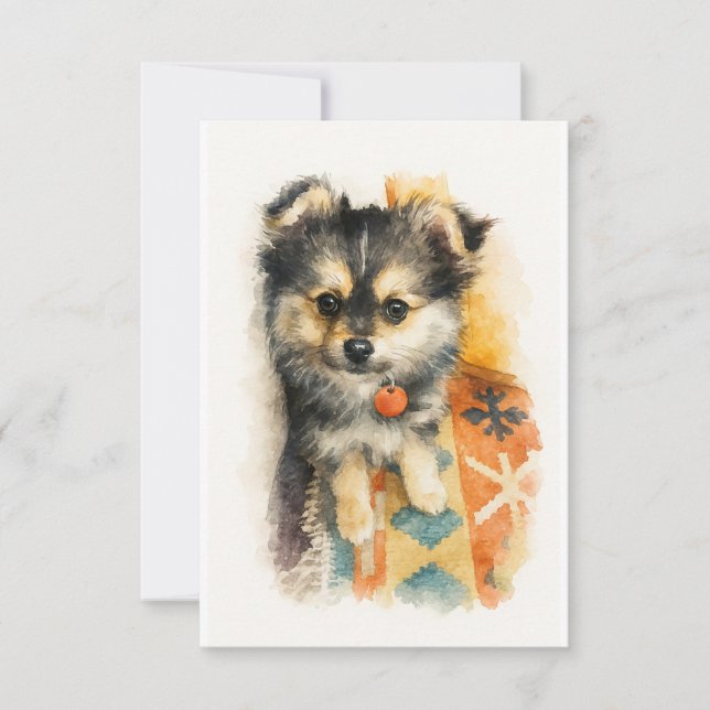 Watercolor Pomchi Puppy  Tack Kort (Framsida)