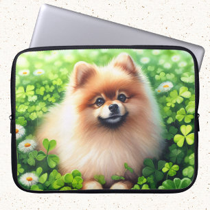 Watercolor Pommanian Grönt Shamrock Fält Laptop Fodral